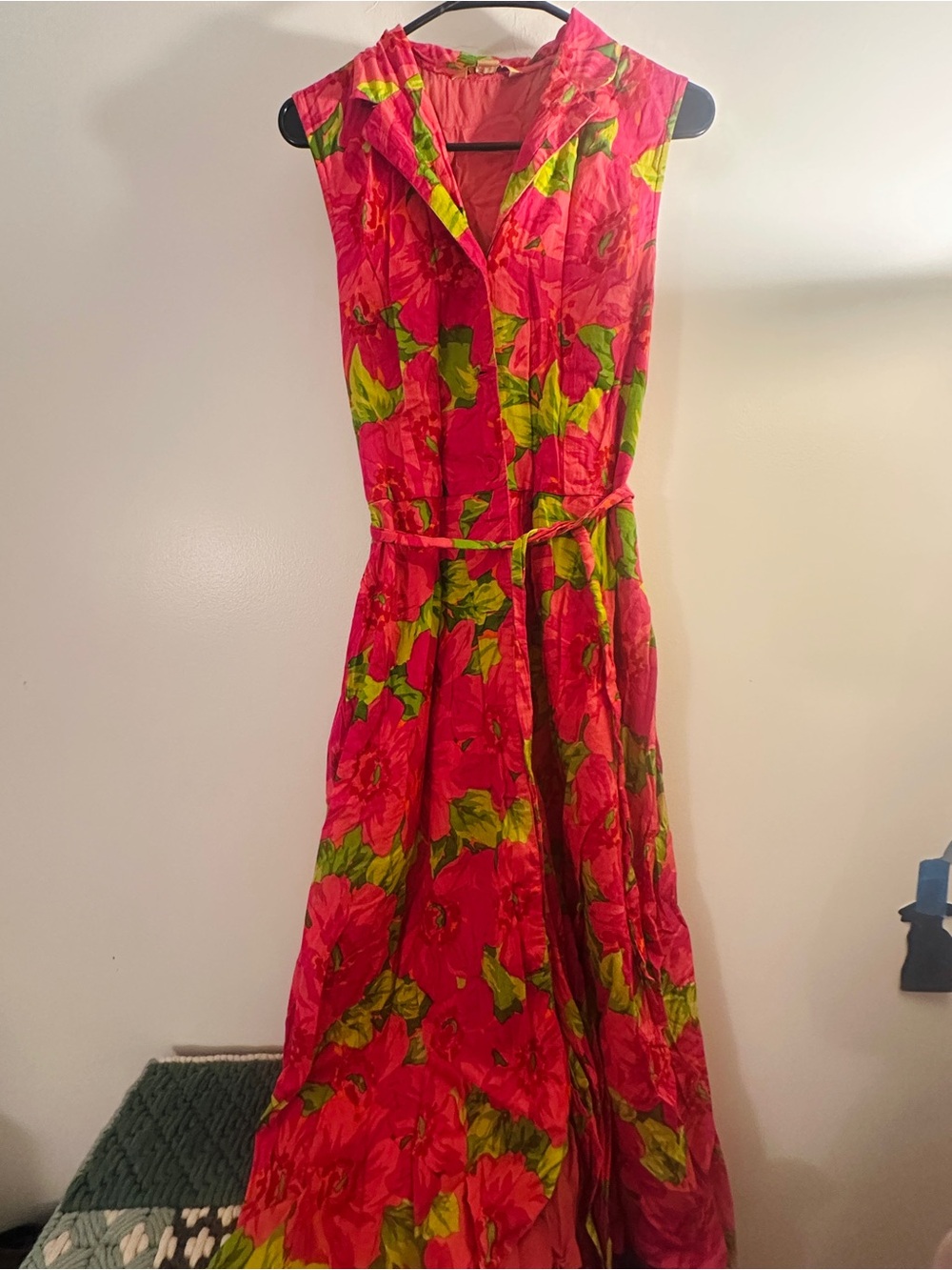 April Cornell Pink Floral Maxi Dress with Green Leaf Print